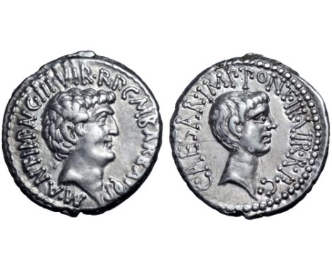 Marc Antony and Octavian AR Denarius. Military mint moving with Antony (Ephesus?), 41 BC. M. Barbatius Pollio, quaestor pro p