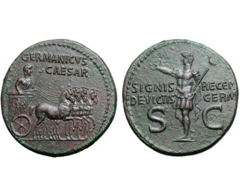 Germanicus Æ Dupondius. Struck under Caligula. Rome, AD 37-41. GERMANICVS CAESAR, Germanicus, bareheaded and draped, standing