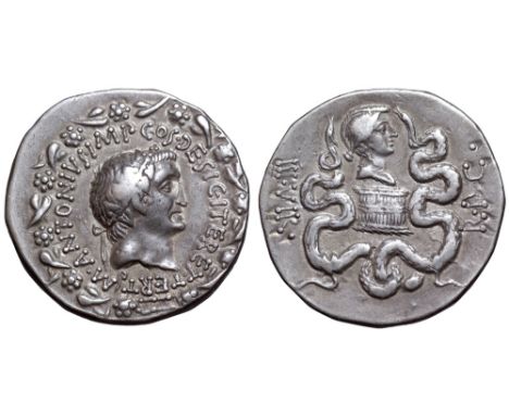 Marc Antony and Octavia AR Cistophoric Tetradrachm of Ephesus, Ionia. Summer-Autumn 39 BC. M•ANTONIVS•IMP•COS•DESIG•ITER•ET•T
