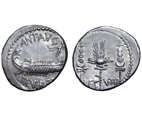 Marc Antony Legionary AR Denarius. Military mint moving with Antony, autumn 32 - spring 31 BC. ANT•AVG III•VIR•R•P•C, praetor