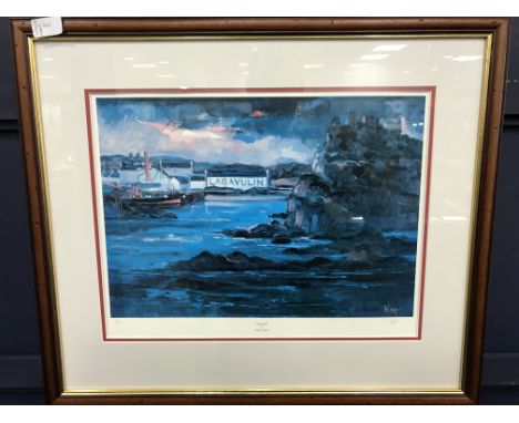 JAMES WATT, LAGAVULIN LIMITED PRINT Mounted, framed and under glass. Signed print no. 7 of 750. 62cm x 53cm.