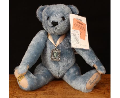 A Merrythought XAB16TUP Tupenny Blue teddy bear, made exclusively for Compton and Woodhouse, trademark yellow rectangular 'ME