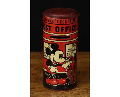 A 1930's Happynak Series novelty tinplate Mickey Mouse money box, in the form of a post box, lithograph printed with Mickey M