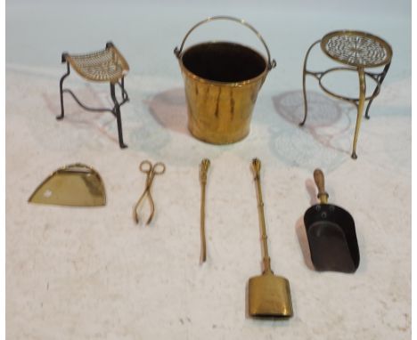 METALWARE TO INCLUDE A BUCKET, TWO TRIVET STANDS, AND FIRE TOOLS