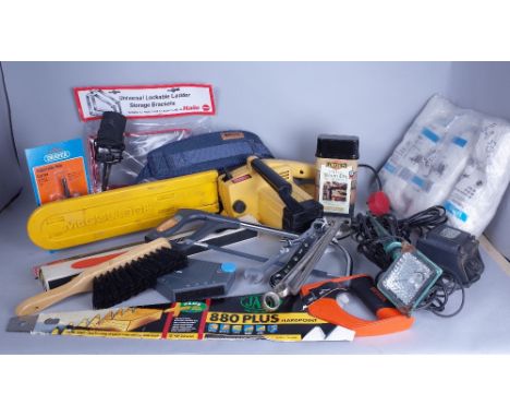 A QUANTITY OF MODERN TOOLSTo include an electric chainsaw, handsaws, outdoor lighting and sundry