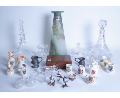 CERAMIC AND GLASS INCLUDING A MODERN FROSTED GLASS VASE, CUT GLASS DECANTERS  (QTY)A group of decanter stoppers and sundry