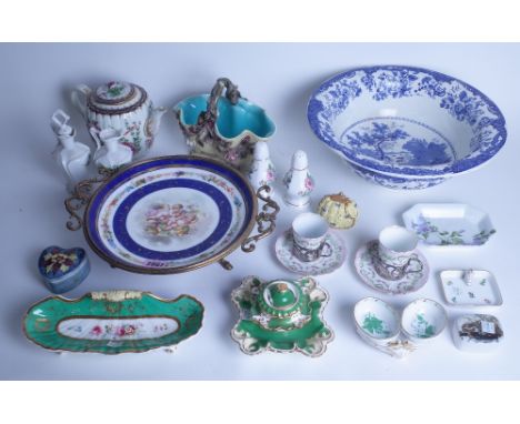 CERAMICS INCLUDING A HEREND PIN DISH, A CONTINENTAL GILT METAL BOUND PLATE (QTY)A Moorcroft trinket box, a 19th century tea p