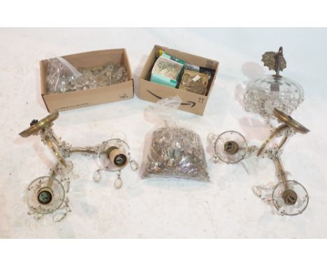 A QUANTITY OF VICTORIAN AND LATER GLASS LIGHTING COMPRISINGA pair of two branch wall lights, glass bag chandelier, and a quan