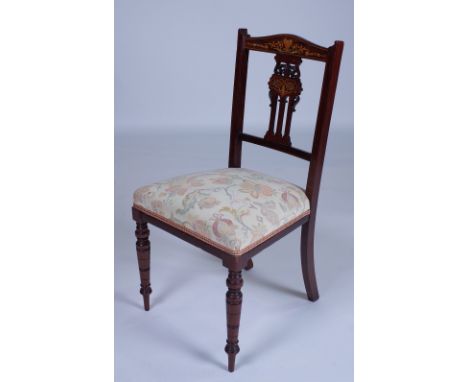 AN EDWARDIAN INLAID ROSEWOOD SIDE CHAIROn ring turned supports 43cm wide; 86cm high