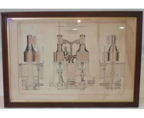A FRAMED DRAWING OF THE S.S. ARABIAN ENGINE SIGNED GEORGE W. WALKER