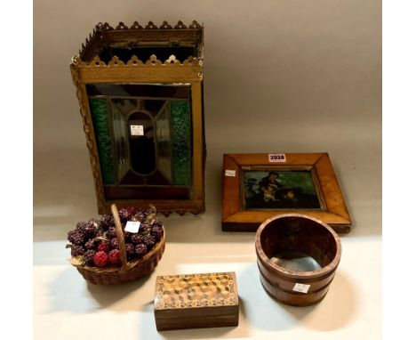 A STAINED GLASS LANTERN, A BURR WOOD SMALL PAIL, A PAINTED GLASS PICTURE, MARQUETRY BOX AND BERRY FILLED BASKET (5)