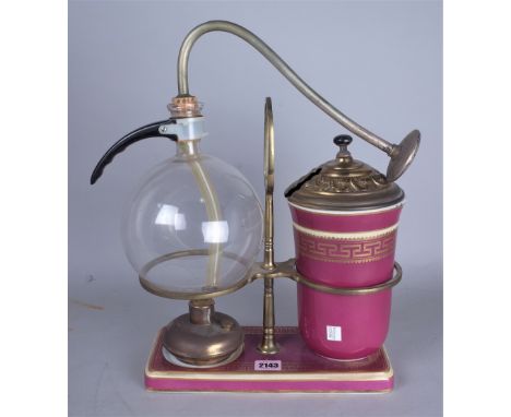 A VICTORIAN GILT METAL MOUNTED AND CERAMIC COFFEE PERCULATOR30cm wide; 33cm high