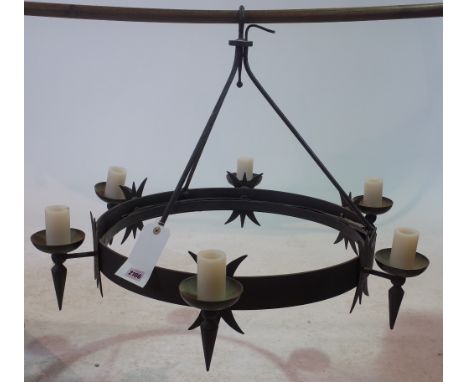 A MODERN BLACK PAINTED WROUGHT IRON HANGING CHANDELIER62cm diameter; 60cm high