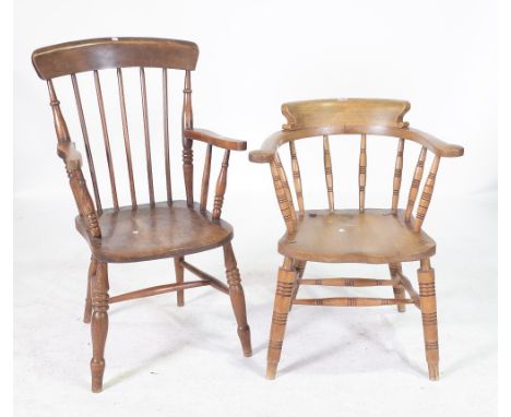 A 19TH CENTURY ASH AND ELM CAPTAIN'S CHAIR (2)64cm wide; 78cm high and a 19th century ash and elm stick back armchair 61cm wi