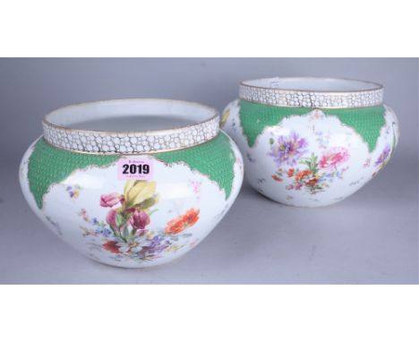 A PAIR OF EARLY 20TH CENTURY DRESDEN STYLE CERAMIC BOWLS (3)22cm diameter; 17cm high and a modern chine vase later converted 