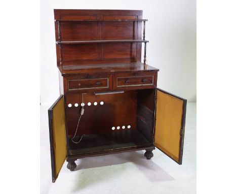 A REGENCY ROSEWOOD CHIFFONIERWith double shelf back over pair of drawers and brass grille doors, on melon feet 87cm wide; 143