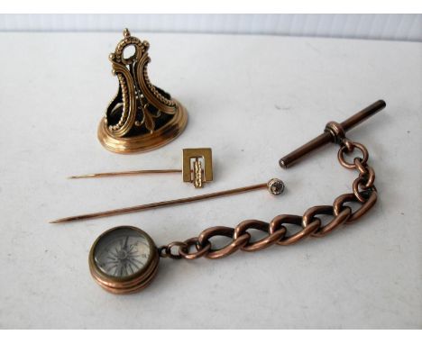 A hallmarked 9ct yellow gold pin brooch by Louis Augustus Leins, a French-style fob seal, a cased compass on short chain and 