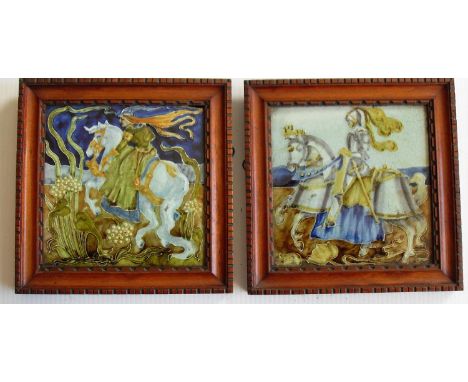 Two Carter & Co., Poole, Dorset framed square tiles, one depicting a mounted knight, the other a sorceress with factory label