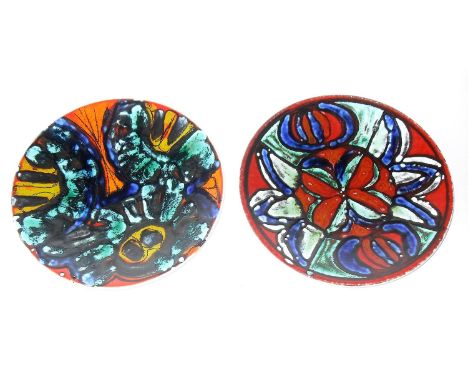 A Poole Pottery Delphis range, two dish shape 4, 10.5" diameter both decorated by Angela Wyburgh c.1970, without damage or re