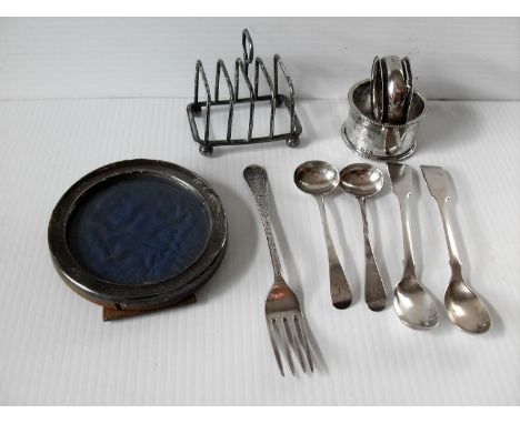 Two Georgian mustard spoons, two Victorian egg spoons, single fork, two napkin rings (one damaged) - mixed dates, Edwardian s