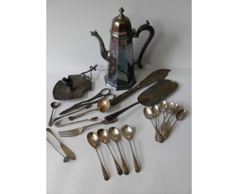 A selection of silver plated items to include a Queen Anne-style coffee pot, chamber stick, Mappin & Webb egg spoons, etc