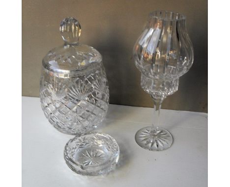 A cut crystal glass biscuit barrel with led, a crystal tea light holder and shade and an ashtray 