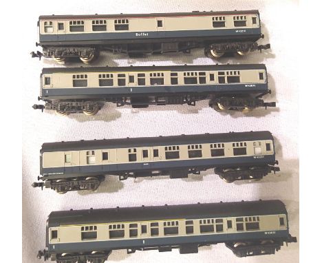 Four Lima N gauge blue/grey coaches, buffet, brake end, composite x2, unboxed. P&P Group 1 (£14+VAT for the first lot and £1+
