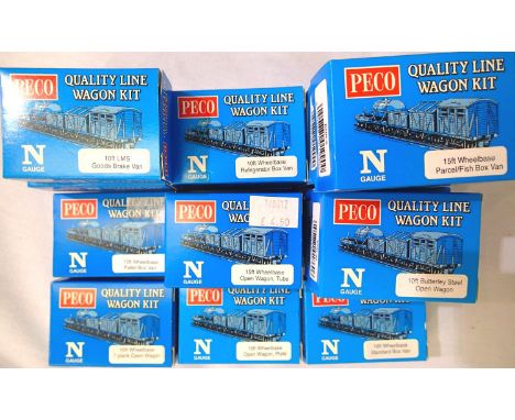 Eighteen Peco N gauge wagon kits including parcel/fish x4, butterley steel x3, LMS goods brake x3, fridge box x2, tube open x