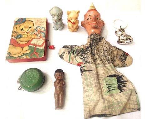 Early hard plastic head glove puppet, Tudor Rose dog and cat, small coloured plastic doll, Universal competition model Yo-Yo,