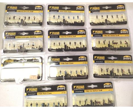 Eleven Farish N gauge figure sets; train crew x4, station staff x4, businessmen, passengers, security staff, all sealed in pa