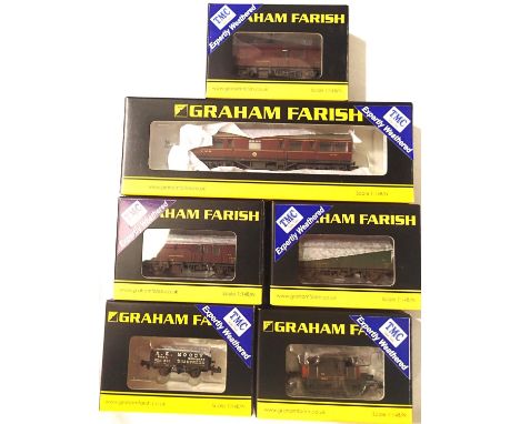 Six Farish/TMS weathered N gauge wagons/coach; LMS Inspection saloon, horse box x3, 5 plank Moody, SR pill box brake, boxed. 