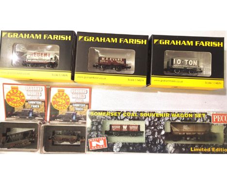 Three Farish N gauge Collectors Club wagons; Regent, ME Evans, Gloucester, a Peco two wagon set - Somerset Coal and Osborne M