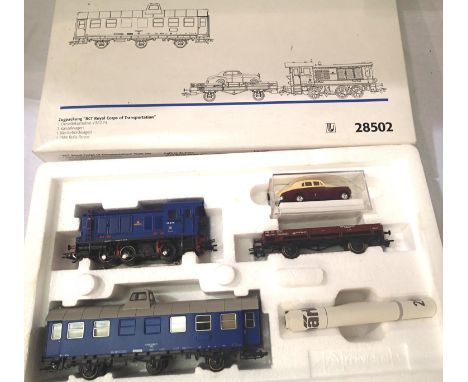 Marklin HO 28502 Royal Corps of Transport set; class V36274 diesel loco and observation coach, low side wagon with Rolls Royc