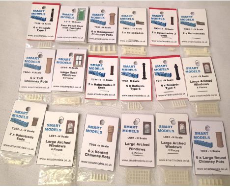Eighteen packs of Smart models N gauge 3D printed accessories including bollards, chimney pots, balustrades, windows etc. new