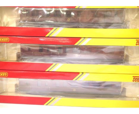 Three Hornby LMS red coaches; R4389 brake x2 and R4388 composite in excellent condition, boxed. P&amp;P Group 1 (£14+VAT for 