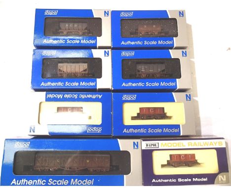 Eight Dapol weathered N gauge wagons; ICI x3, hoppers x3, open and GWR siphon G, boxed. P&P Group 1 (£14+VAT for the first lo