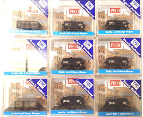 Nine Peco/TMC weathered N gauge wagons, Shell/BP tankers x6, Tirpentwys x2, 10T steel open, boxed. P&P Group 1 (£14+VAT for t