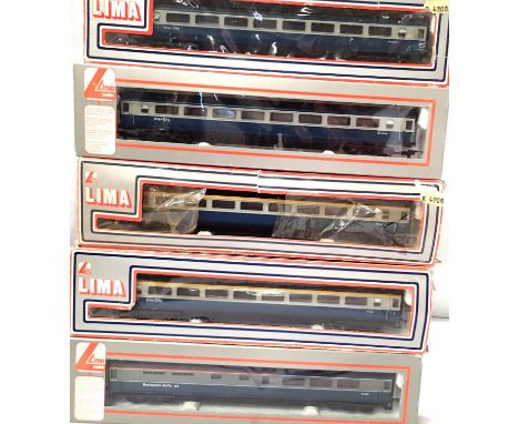 Five Lima MK3 blue/grey coaches, boxes poor. P&amp;P Group 2 (£18+VAT for the first lot and £3+VAT for subsequent lots) 