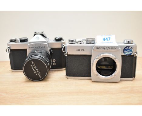 Two cameras. A Mamiya- Sekor camera body No179037 and a Pentax SP500 camera No3317536 with Super-Takumar 1;2 55mm lens