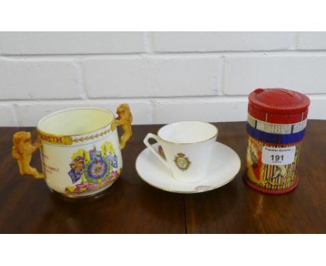 Vintage Vogue Coronation Souvenir money bank together with a Paragon George VI and Queen Elizabeth Coronation mug etc., (4) 