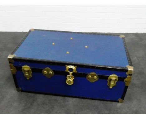 Brass bound blue storage trunk, 37 x 93cm