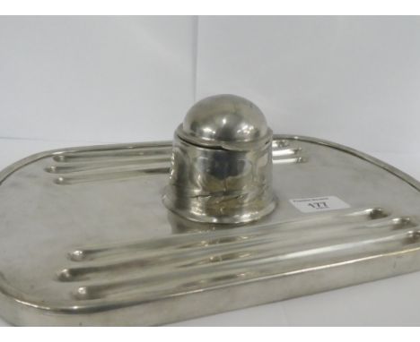 A silver plated desk inkwell with stylised Art Nouveau pattern, 30 x 20cm 