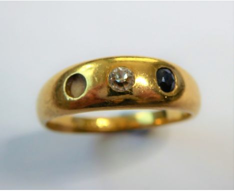 A circular-cut sapphire and brilliant old-cut diamond ring, gypsy-set to the yellow gold setting (hallmark rubbed and third g