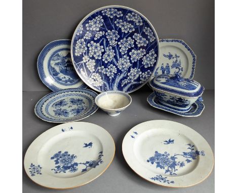 Eight pieces of Chinese blue-and-white ceramics to include 18th century export ware: a large 19th century dish hand-decorated