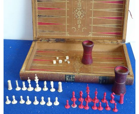 A large 19th century leather-covered games box (as two volumes) 'History of England'; the volumes opening to reveal gilt-tool