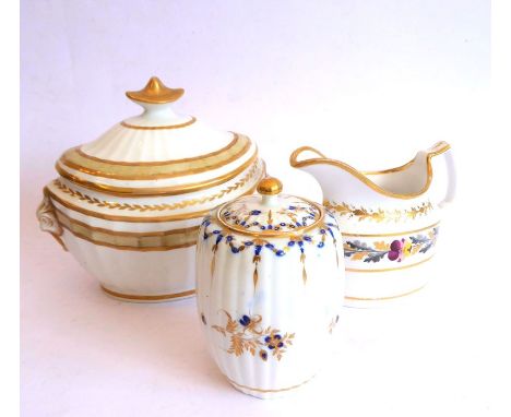 Early English porcelain to include a late 18th/early 19th century boat-shaped sucrier and cover; the gilded handles modelled 
