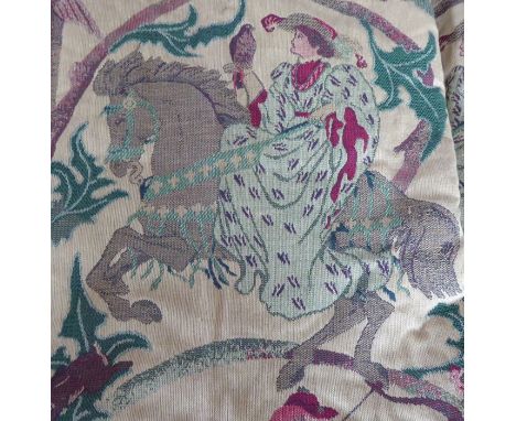 Two pairs of curtains in a heavy, lined, tapestry-style fabric decorated with medieval-style hunting scenes of riders with fa