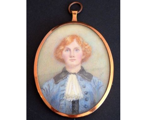 An oval shoulder-length portrait study of a young boy; curly ginger hair and lace cravat against a blue coat with black colla