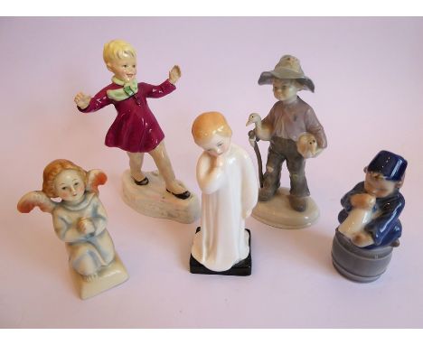 Five hand-decorated ceramic porcelain figures; to include a Royal Worcester figure modelled by FG Doughty 'January', a Royal 