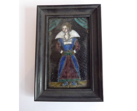 An enamel on copper portrait miniature; possibly of Elizabeth I, ebonised glazed frame (8.5cm x 5cm)